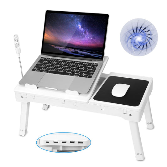 Foldable Laptop Table Bed Desk w/Cooling Fan Mouse Board LED 4 USB Ports Snacking Tray with Storage for Home Office - White -