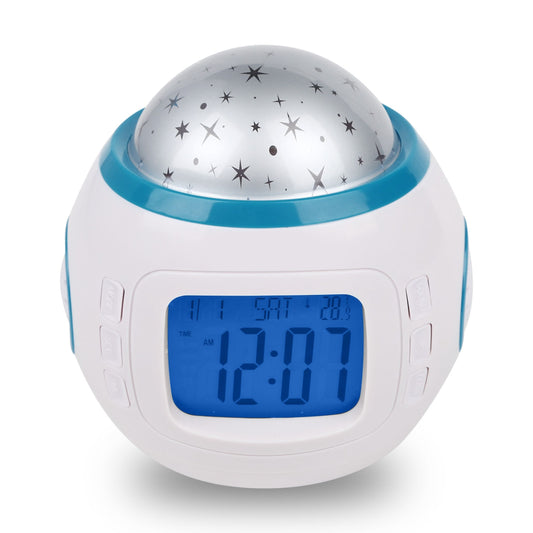 Kids Star Sky LED Projector Alarm Clock with Thermometer & Calendar Lights - White -