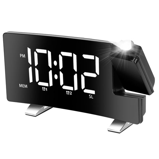 Curved-Screen Projection Alarm Clock: Dual Alarms, USB Charging, 4 Dimmer, 180° Rotation - White -