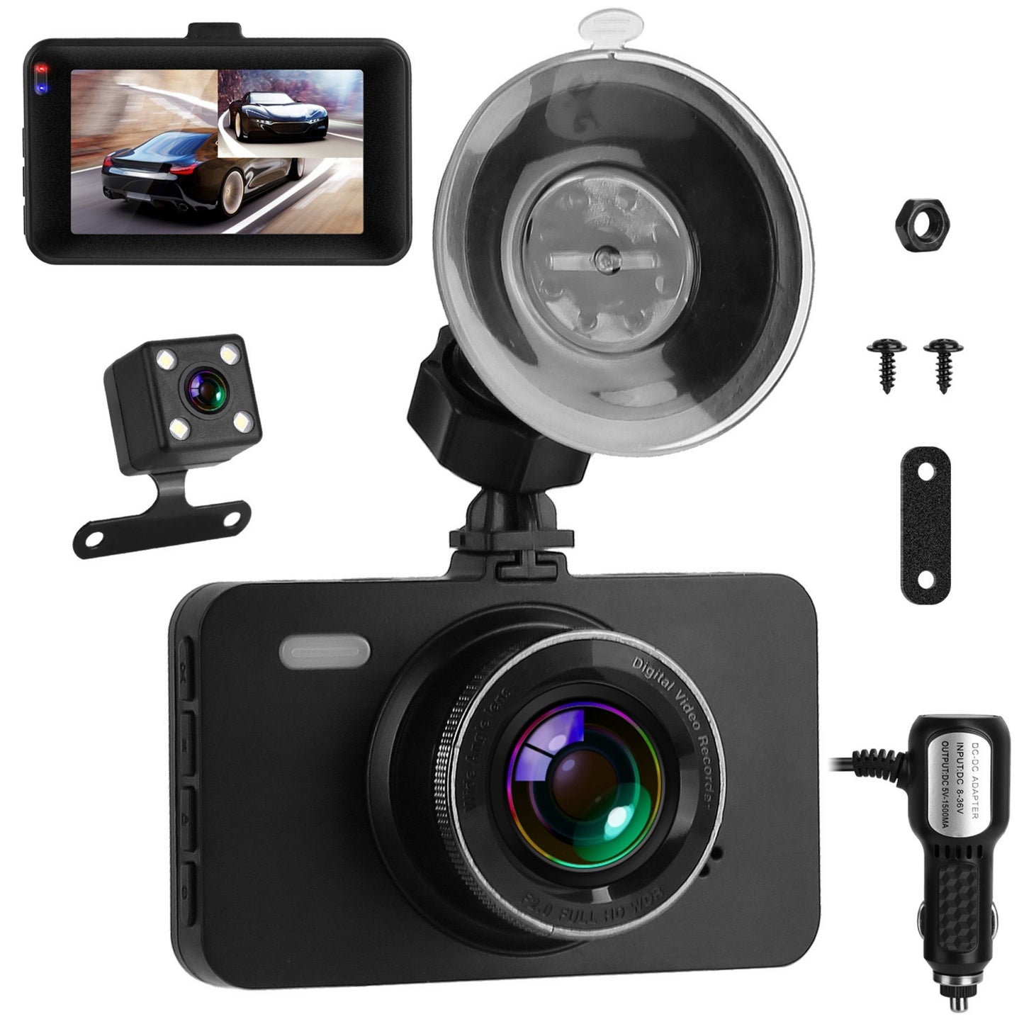 1080P Dual Dash Cam 3in Screen Front Rear Vehicle Recorder G-Sensor Motion Detection Night Vision Parking Monitor Loop Recording - Black -