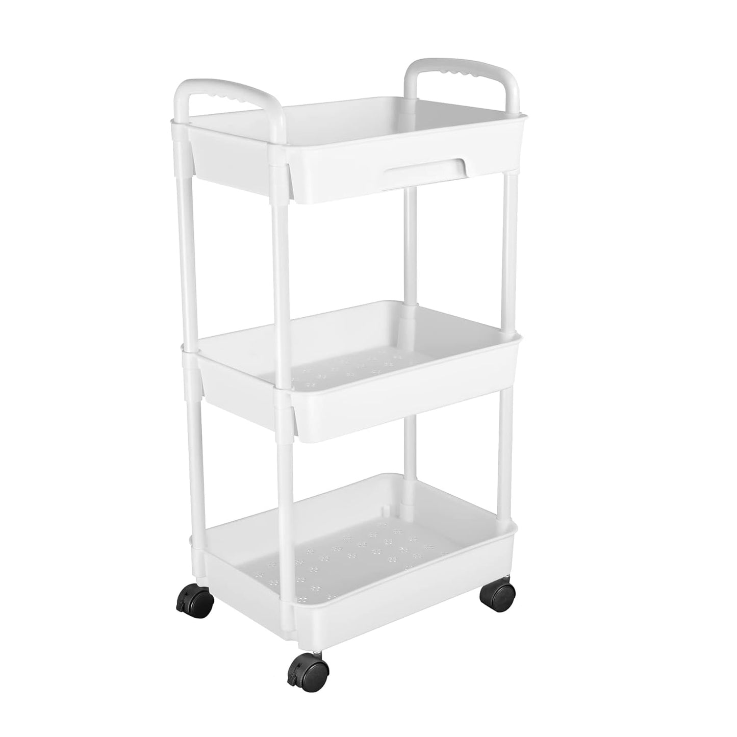 3 Tier Rolling Utility Cart Movable Storage Organizer with Drawer Lockable Wheels 360 Degree Rotatable Hallow Design for Bedroom Bathroom Kitchen - White -