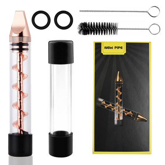 Glass Blunt Pipe Twisty 7-in-1 Grinder Blunt Kit w/ Smoking Metal Tip Cleaning Brush - Rose Gold -