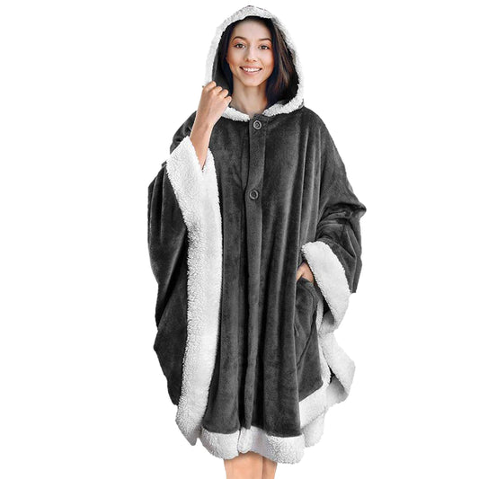 Hoodie Blanket Wrap Wearable Hoodie Snuggle Robe Sweatshirt Soft Lined Cuddle Poncho Cape w/ Hat 2 Pockets Buttons - Gray -