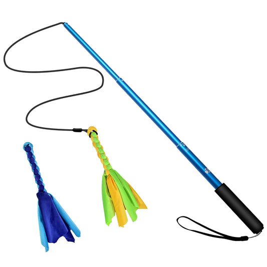 Extendable Dog Flirt Pole with Lure 10.23-26.77in Teaser Wand with 2 Replaceable Interactive Tail Toys For Small Medium Large Dogs Training Exercise T - Blue -