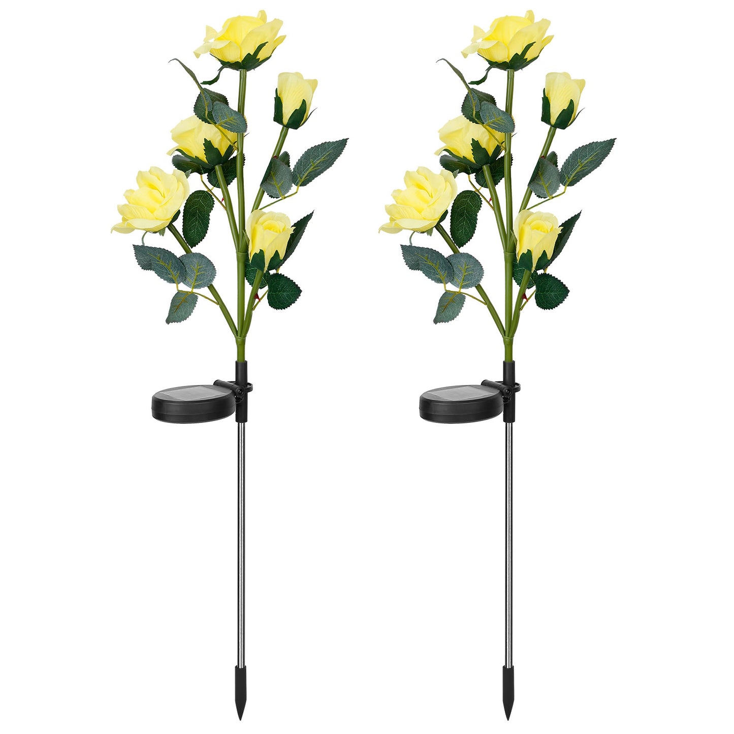 2Pcs Solar Powered Lights Outdoor Rose Flower LED Decorative Lamp Water Resistant Pathway Stake Lights For Garden Patio Yard Walkway - Yellow -