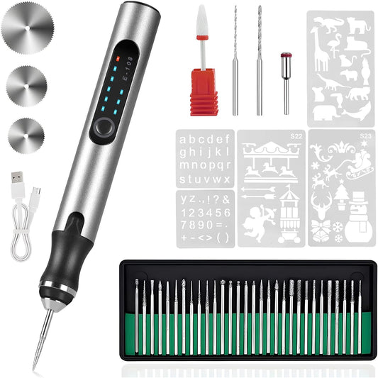Electric Engraving Pen with 33Pcs Burr Bits 5Pcs Stencils 3 Gears Speed Rechargeable Cordless Professional Engraver Etching Machine For Jewelry Glass  - Silver -