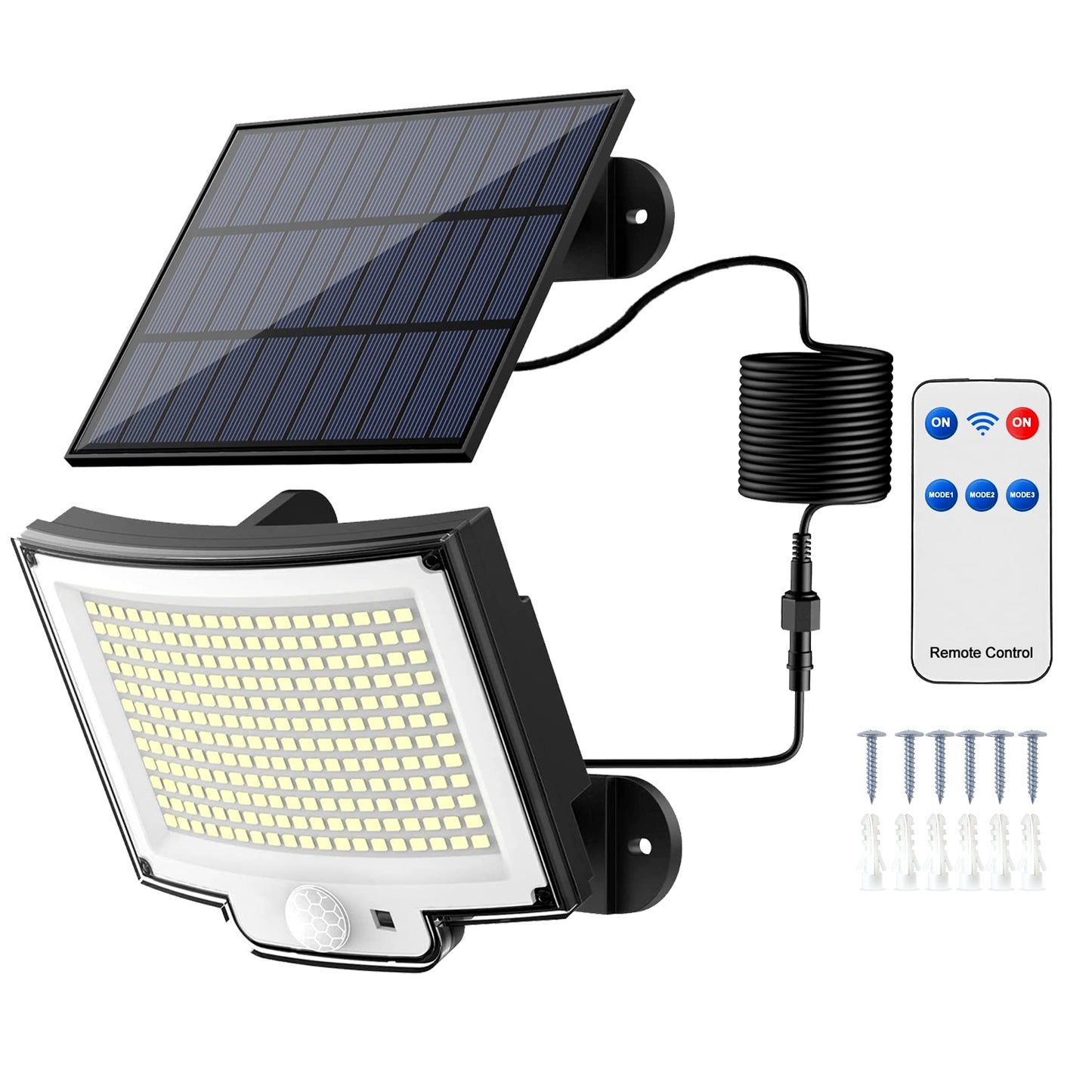 Solar Powered Flood Light Solar IP65 Waterproof Motion Sensor Wall Lamp with Remote 228 LED Beads Detachable Solar Panel 3 Lighting Mode - Black -