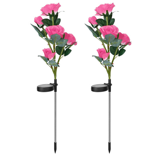 2Pcs Solar Powered Lights Outdoor Rose Flower LED Decorative Lamp Water Resistant Pathway Stake Lights For Garden Patio Yard Walkway - Pink -