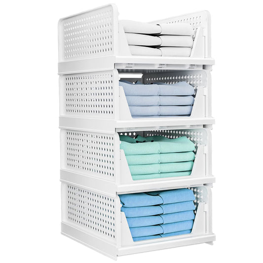 4 Packs Plastic Storage Box Closet Organizer Foldable Storage Bin Stackable Drawer with Slide Rail Push-Pull Storage Basket for Living Room Bedroom Wa - White -