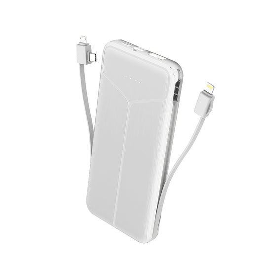 10000mAh Power Bank Portable Charger with US Plug 2 Built-in Cables External Battery Pack with 4 Ouputs 3 Inputs Fit For IOS Phone 14 Android And More - White -