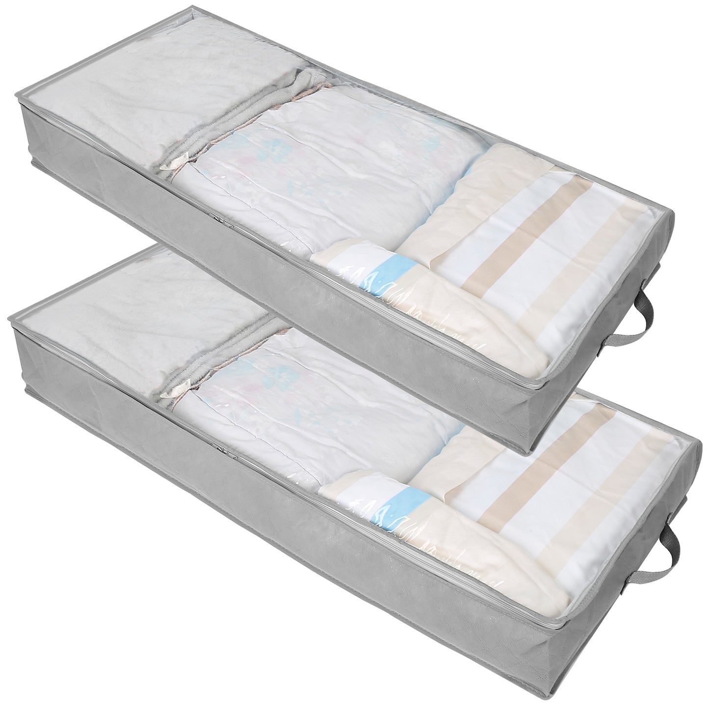 2Pcs 70L Foldable Underbed Clothes Storage Bags Moisture Proof Zipped Organizer Cube Quilt Pillow Blanket Closet Box Bin w/ Transparent Window Dual Si