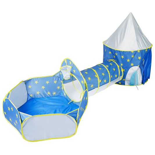 3 In 1 Child Crawl Tunnel Tent Kids Play Tent Ball Pit Set Foldable Children Play House Pop-up Kids Tent w/Storage Bag For Indoor Outdoor Travel Use - Blue -