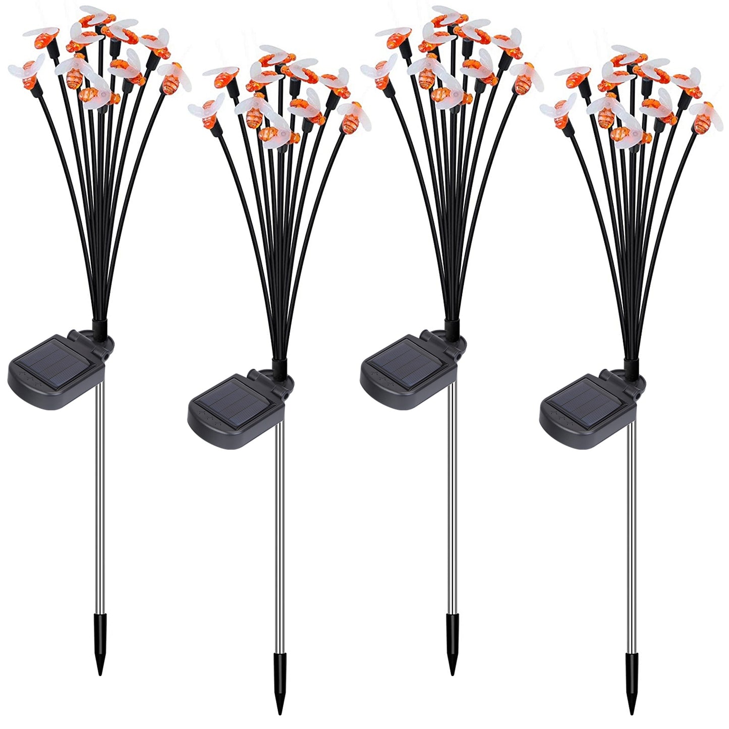 4Pack Solar Powered Stake Bee Light 2 Lighting Mode Lifelike Firefly Decorative Stake Lamp IP65 Waterproof Outdoor Landscape Garden Light Warm Yellow - Black -