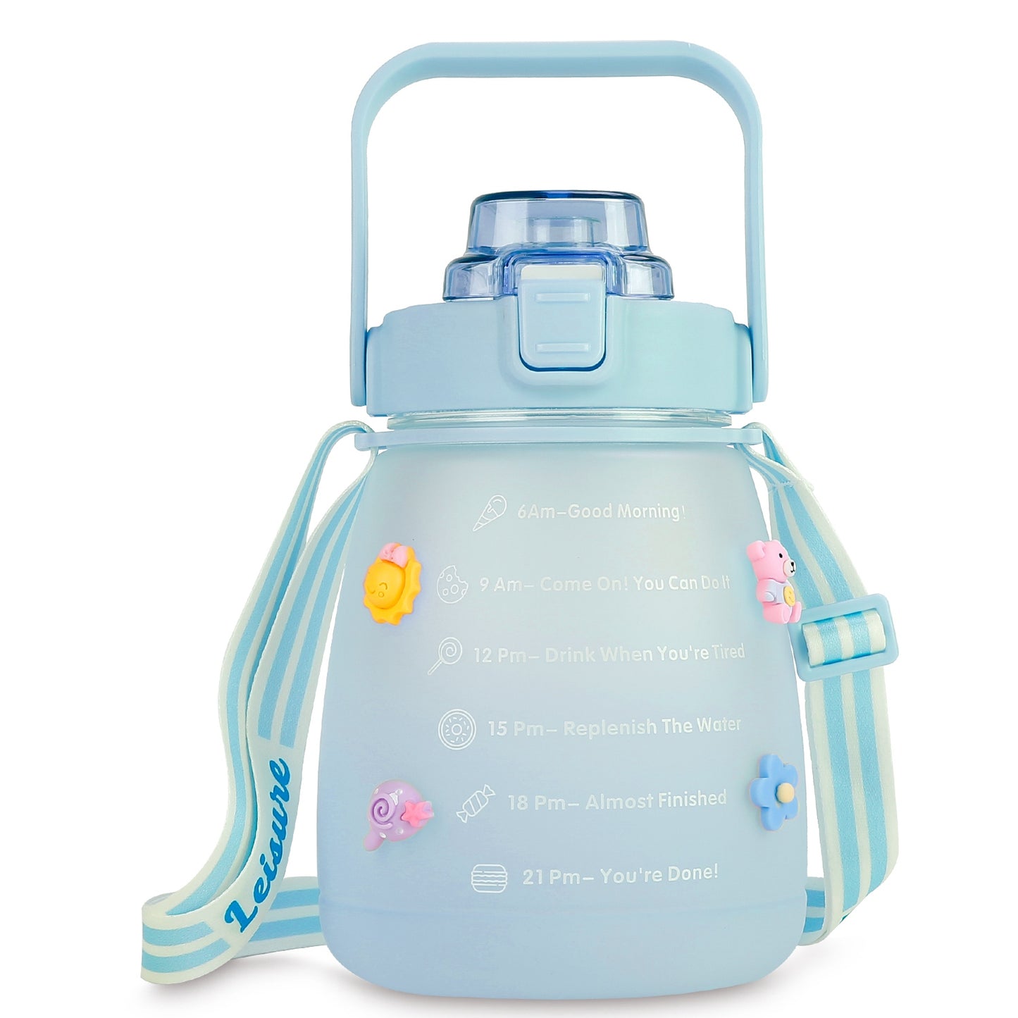 Kawaii Water Bottle with Straw 37.2oz Large Capacity Portable Sports Bottle with Cute Three-Dimensional Stickers - Blue -