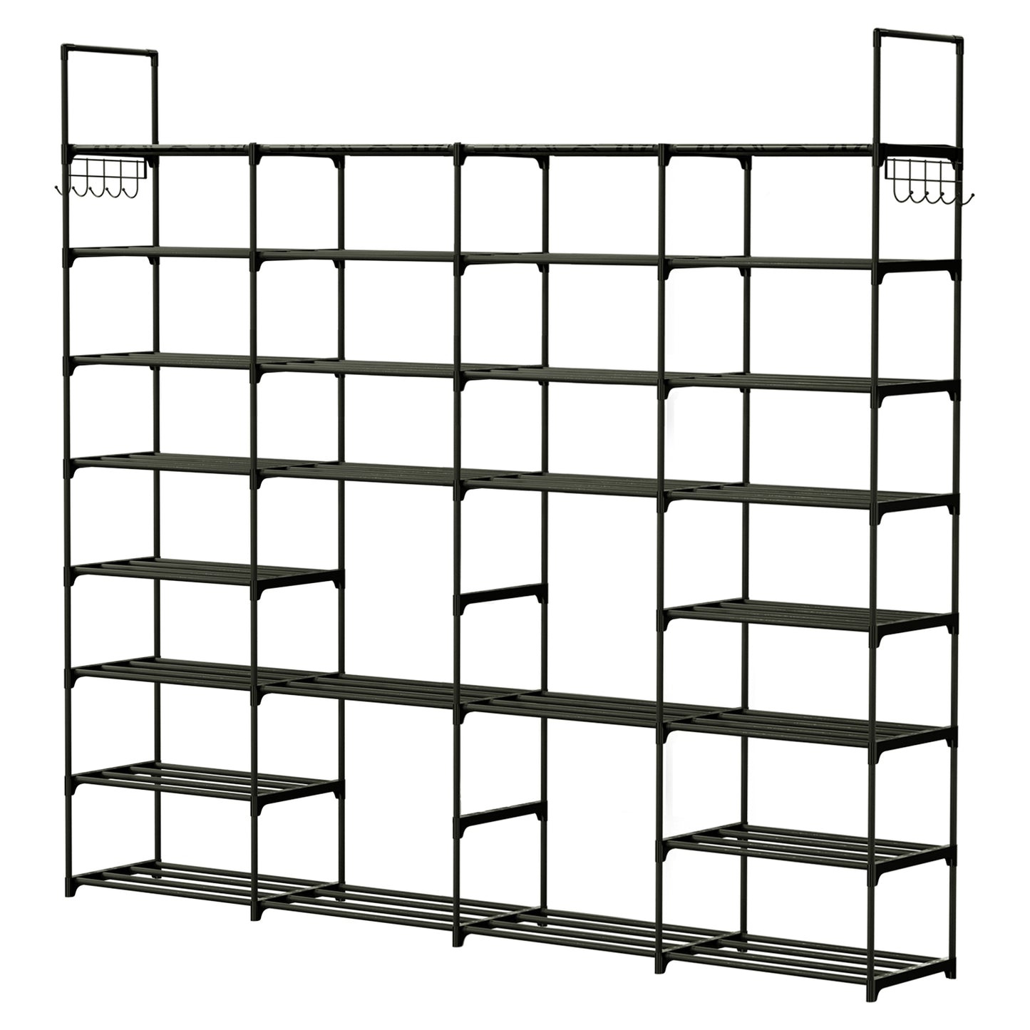 8-Tier 4-Row Shoe Rack Metal Shoe Storage Shelf Free Standing Large Shoe Stand 56 Pairs Shoe Tower Unit Tall Shoe Organizer with 2 Hooks for Entryway - Black -