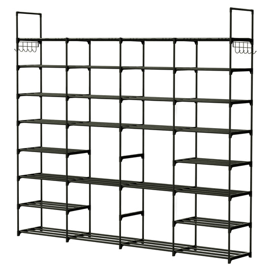 8-Tier 4-Row Shoe Rack Metal Shoe Storage Shelf Free Standing Large Shoe Stand 56 Pairs Shoe Tower Unit Tall Shoe Organizer with 2 Hooks for Entryway - Black -