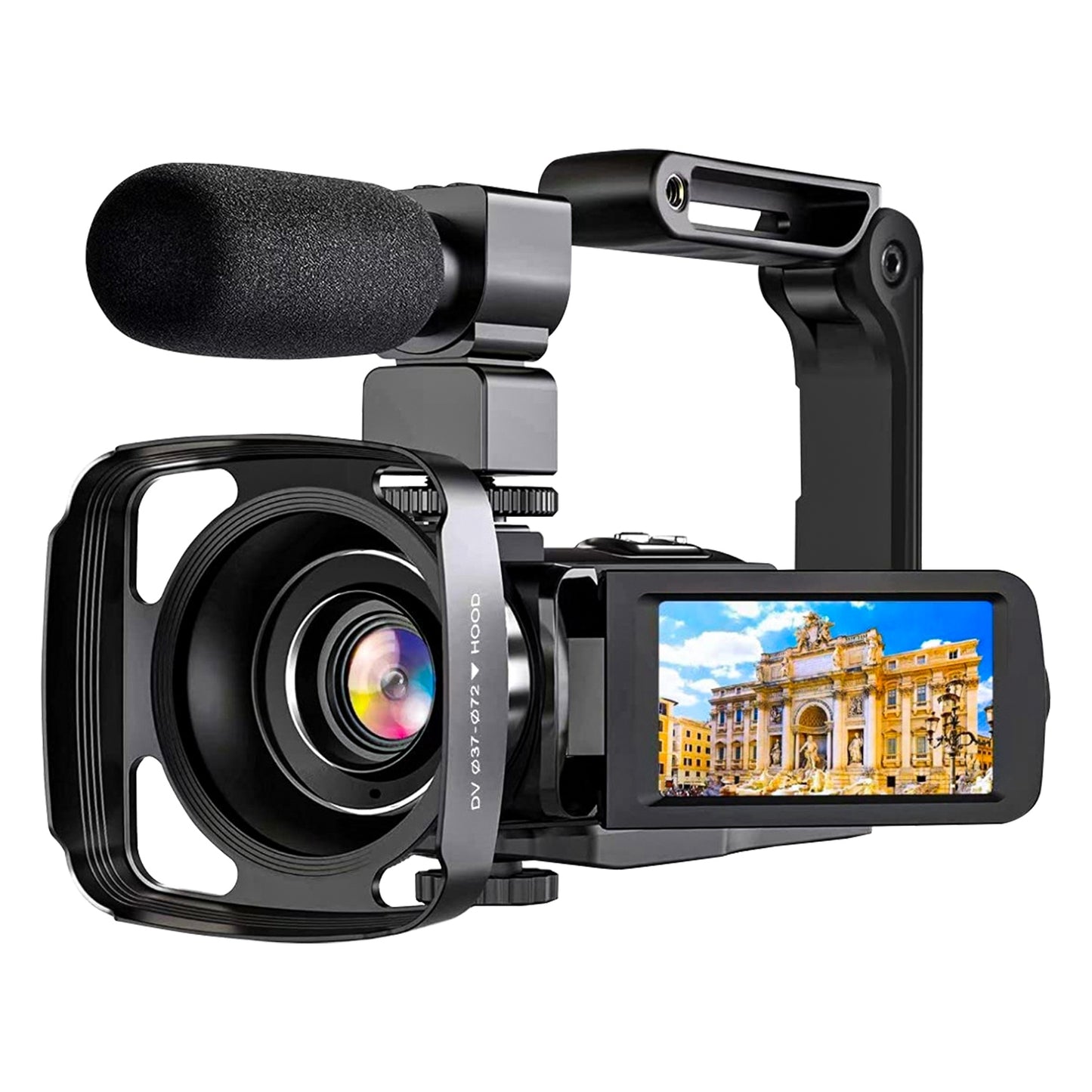 2.7K Camcorder 48MP 18X Zoom Digital Video Camera Rechargeable Vlogging Camera with Microphone Lens Hood 3in 270° Rotating Screen Fill Light Remote Co - Black -