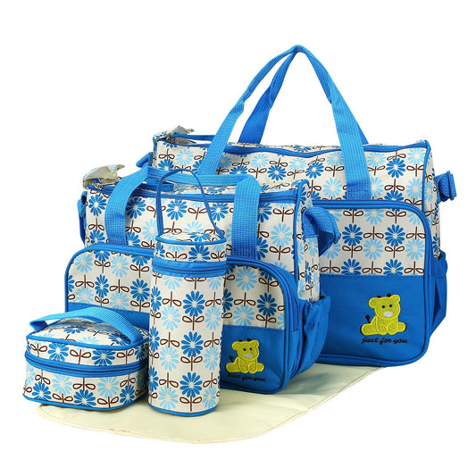 5PCS Baby Nappy Diaper Bags Set Mummy Diaper Shoulder Bags w/ Nappy Changing Pad Insulated Pockets Travel Tote Bags For Mom Dad - Blue -