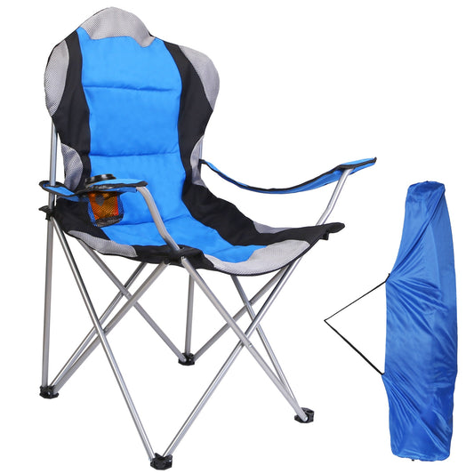 Foldable Camping Chair Heavy Duty Steel Lawn Chair Padded Seat Arm Back Beach Chair 330LBS Max Load with Cup Holder Carry Bag - Blue -