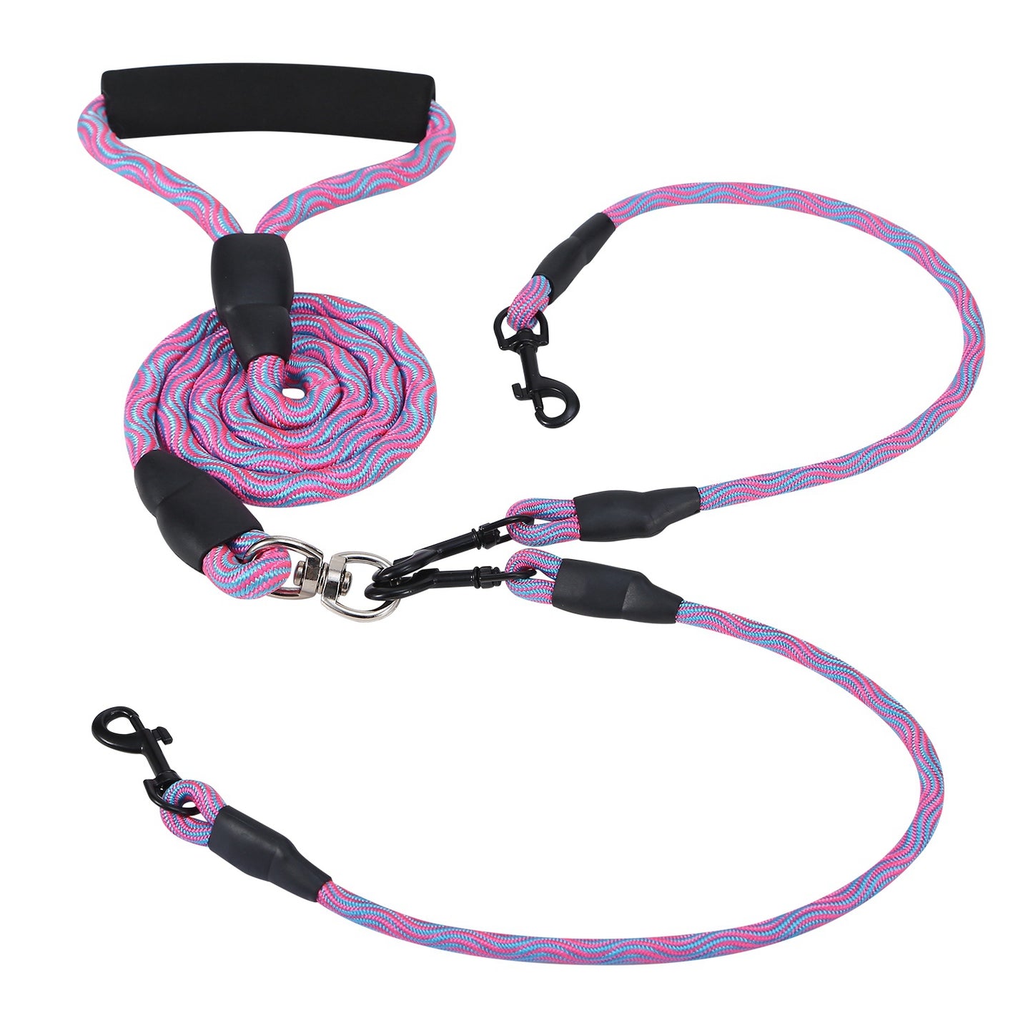 Double Dogs Leash No-Tangle Dogs Lead Reflective Dogs Walking Leash w/ Swivel Coupler Padded Handle - Pink -