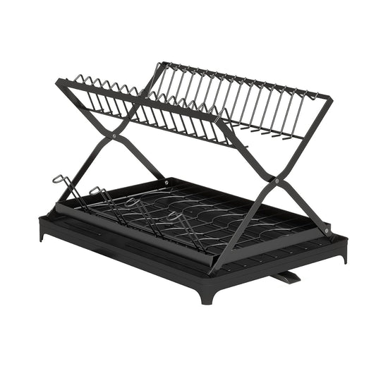 2 Tier Dish Drying Rack with Cup Holder Foldable Dish Drainer Shelf for Kitchen Countertop Rustproof Utensil Holder with Drainboard Black - Black -