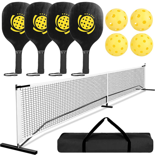 Portable Pickleball Net Set 22ft Regulation Size Net Pickle Ball Net System with 4 Pickleballs 4 Paddles Carrying Bag for Driveway Backyard - Black -