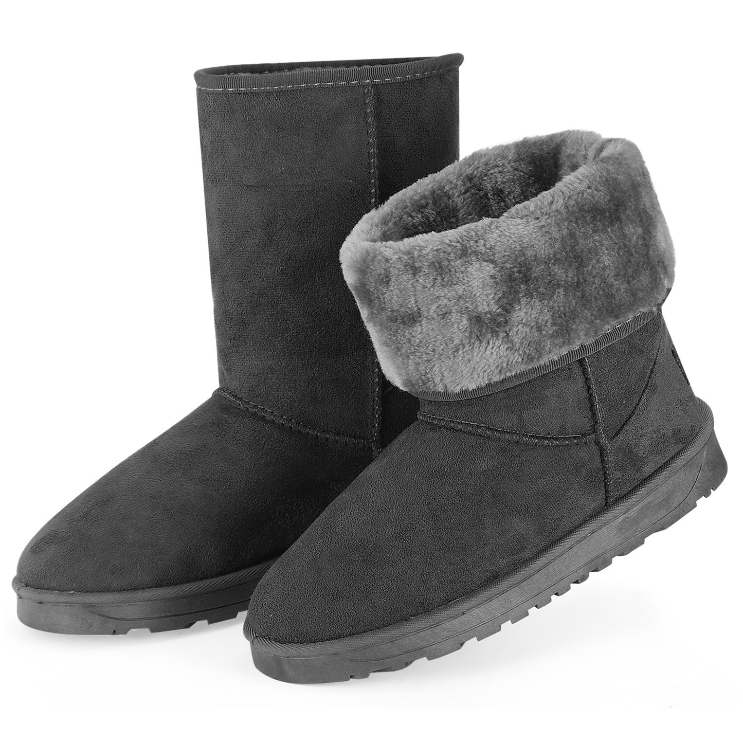 Women Ladies Snow Boots Waterproof Faux Suede Mid-Calf Boots Fur Warm Lining Shoes - Gray - 8