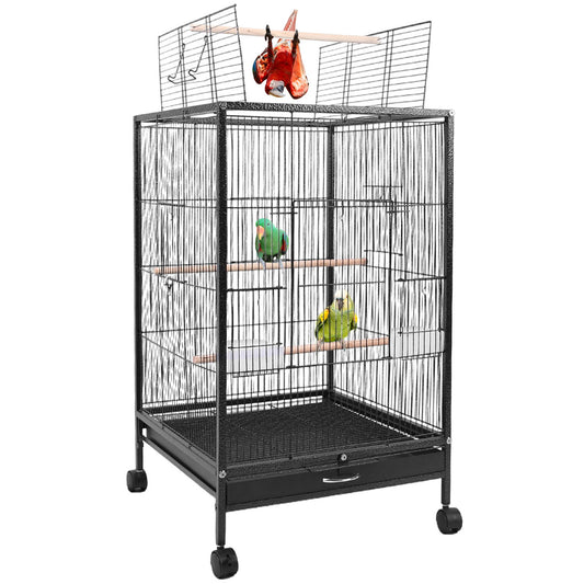 30.31In Height Bird Cage With Rolling Stand Bottom Tray Wrought Iron Wide Top Opening Large Bird Cage For Parrot Conure Lovebird Cockatiel Parakeets C - Black -