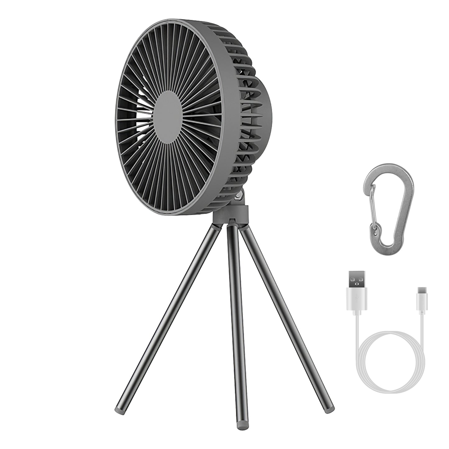 Portable Camping Fan Rechargeable Battery Powered Foldable Tripod Fan for Tent with Hanging Hook Carabiner Personal Desk Fan with 3 Speed Setting for - Gray - 4000mAh