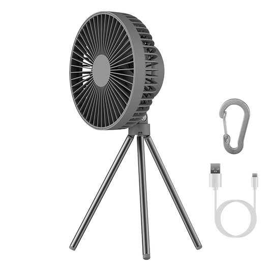 Portable Camping Fan Rechargeable Battery Powered Foldable Tripod Fan for Tent with Hanging Hook Carabiner Personal Desk Fan with 3 Speed Setting for - Gray - 4000mAh