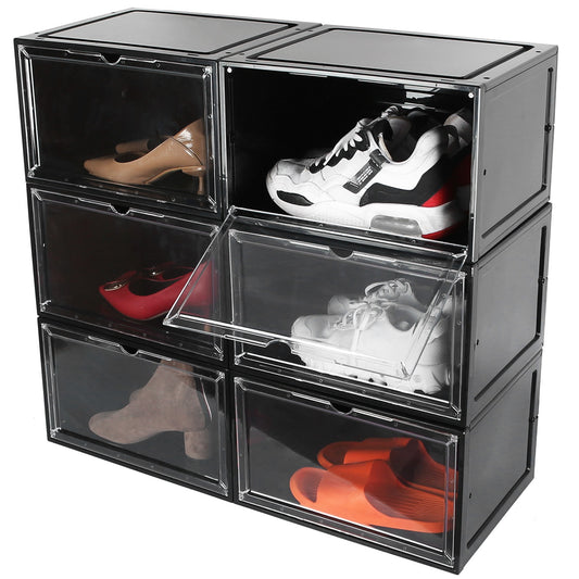 6Packs Collapsible Shoe Box Stackable Shoe Storage Bin Transparent Dustproof Hard PP Shoe Organizer Container with Magnetic Door - Black -