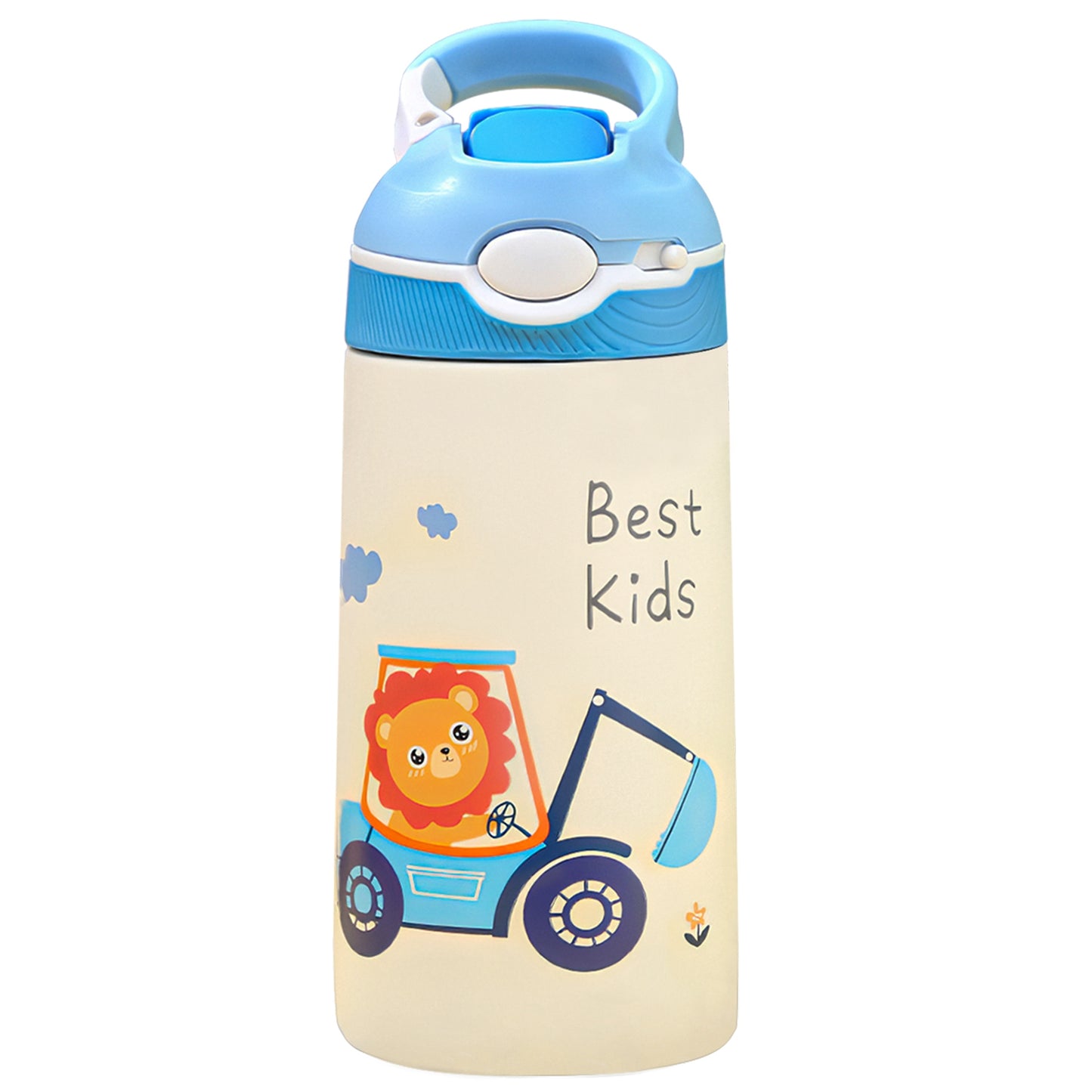 13.5Oz Insulated Stainless Steel Water Bottle Leak-proof Bottle for Kids with Straw Push Button Lock Switch Thermos Cup for Toddlers Boys Girls - Digger -