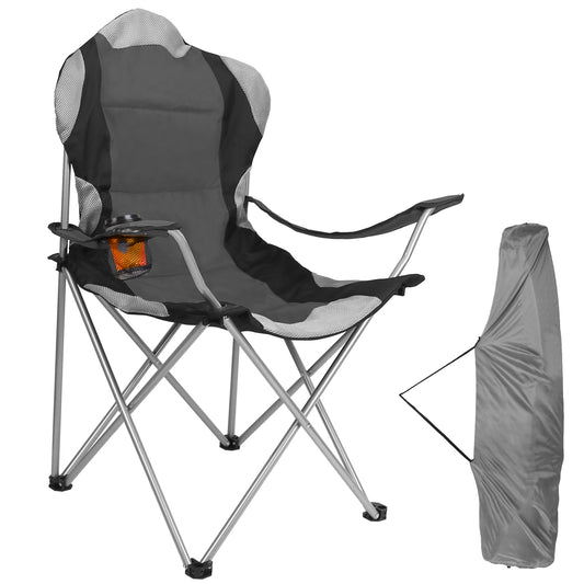 Foldable Camping Chair Heavy Duty Steel Lawn Chair Padded Seat Arm Back Beach Chair 330LBS Max Load with Cup Holder Carry Bag - Gray -