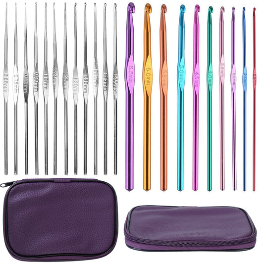 22Pcs Multi-Color Crochet Hook Needles Aluminum Handle Sewing Kit DIY Hand Knitting Craft Art Tools Weave Yarn Set 0.6mm-6.5mm w/ Storage Case - Multi -