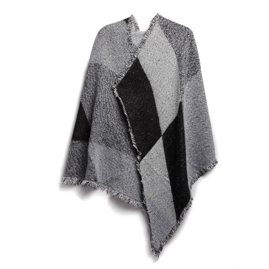 Women Winter Warm Scarf 74.8x25.6In Long Soft Knitted Shawl Extra Thick Plaid Blanket Wrap Cape - Gray -