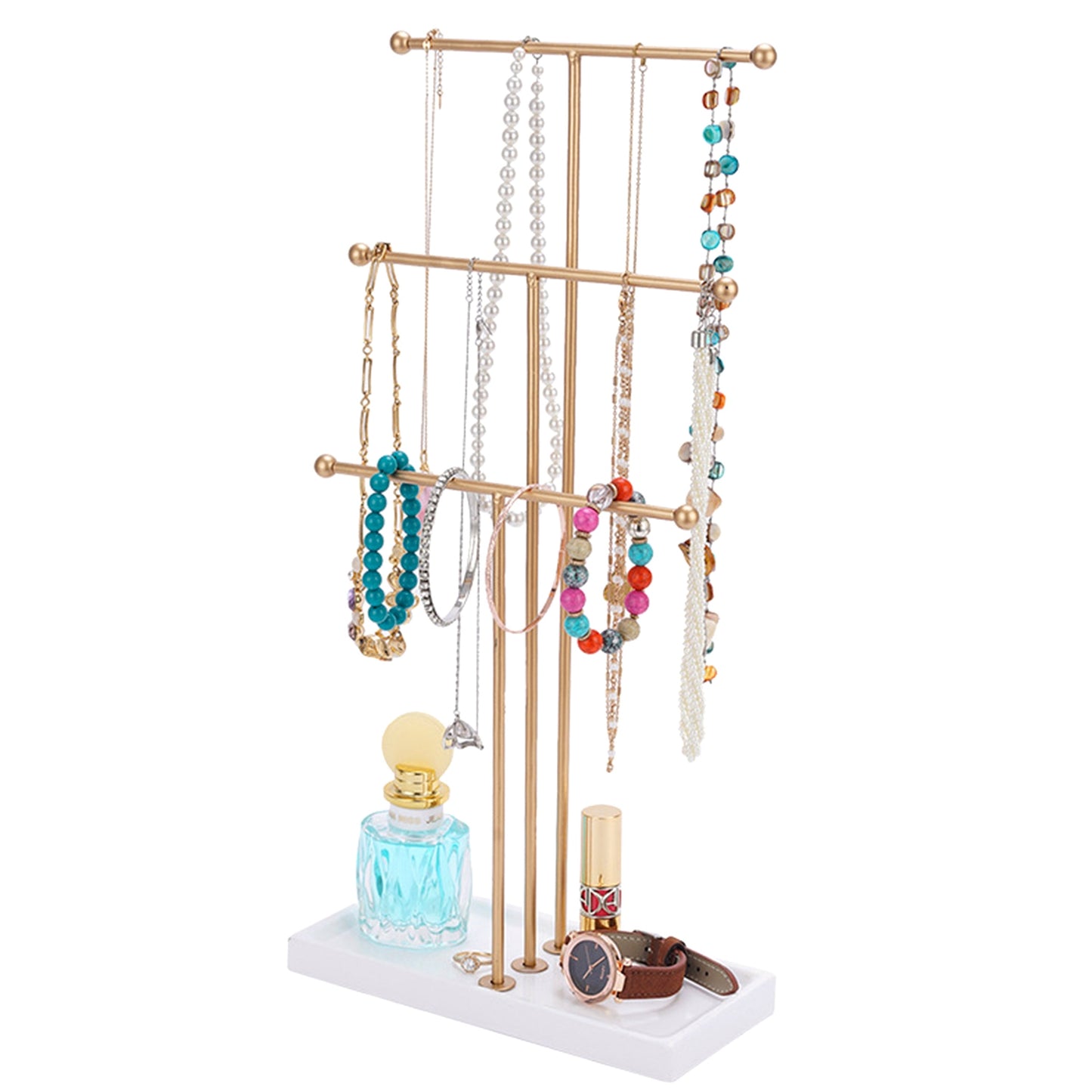 3 Tier Gold Metal Tabletop Jewelry Display Tree Stand Organizer Holder Rack Hanger Tower for Bracelet Necklace Accessories with Ring Tray