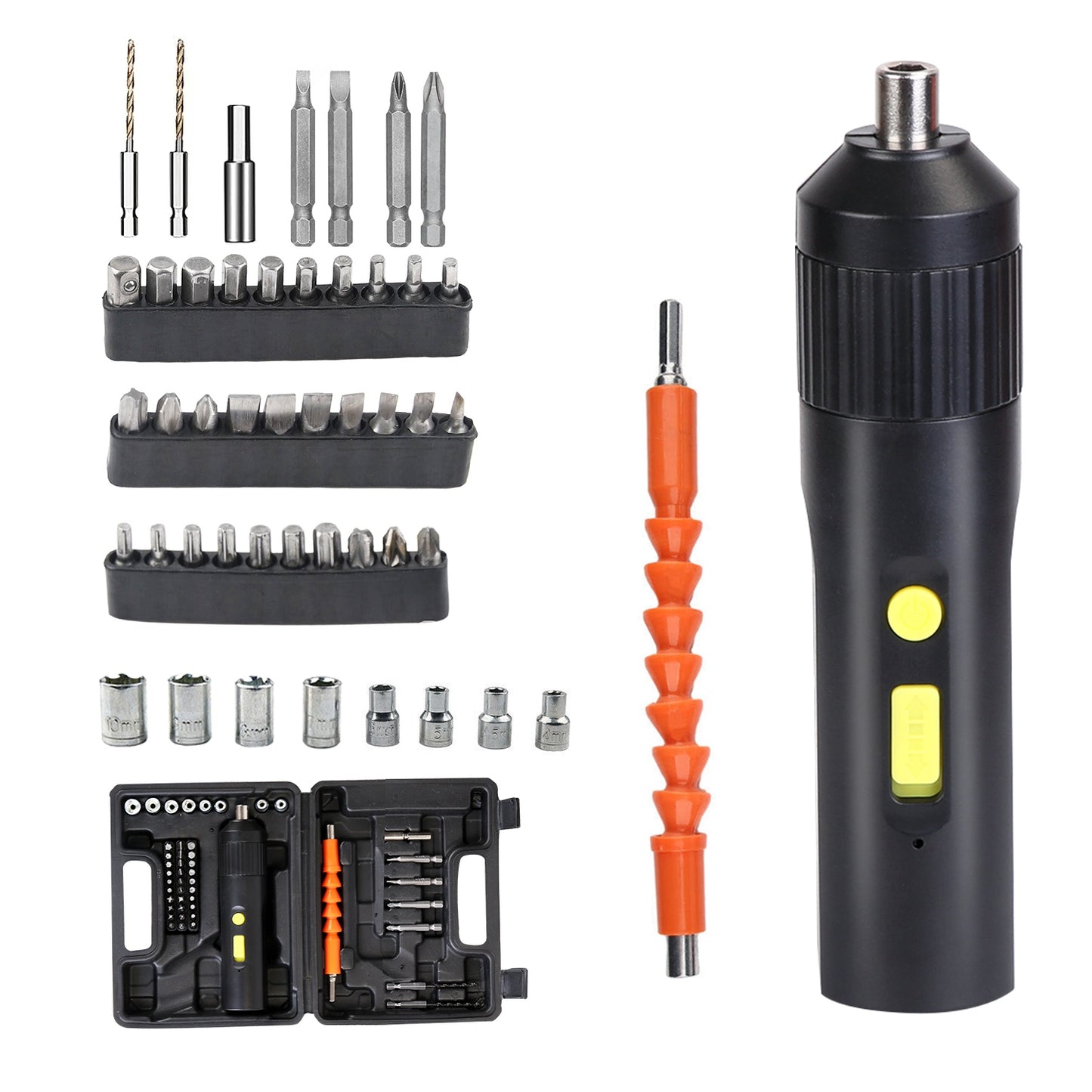 48Pcs 3.6V Cordless Electric Screwdriver Kit Portable Electric Screwdriver Drill Set with 33 Bits 8 Sockets 2 Hex Drills Bit Extension Holder Socket A - Black -