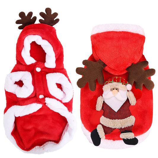 Pet Christmas Clothes Santa Claus Reindeer Antlers Costume Winter Outfit New Year Coat For Small Medium Dogs Cats Available in S/M/L/XL - Red - Small