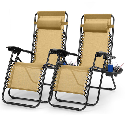 2Packs Zero Gravity Lounge Chair w/ Dual Side Tray 330lbs Load Foldable Recliner Chair w/ Stress Relief Pillow Patio Poolside Beach Lying Chair - Tan -