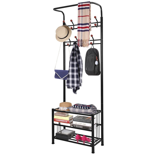 Metal Entryway Coat Shoe Rack Hall Tree w/ 3-Tier Shoe Bench Shoe Storage 18 Hooks Coat Hat Rack - Black -