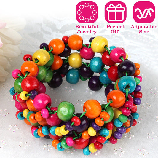 Multi-Color Wooden Beaded Stretchy Bracelet Colorful Exotic Style Elastic Bracelets For Women Girls Children - Multi -