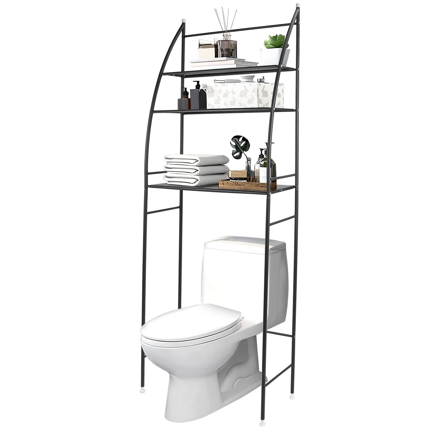 3 Tier 25.59x9.84x66.14in Bathroom Over the Toilet Storage Shelf Free Standing Laundry Room Organizer Space Saver Rack - Black -