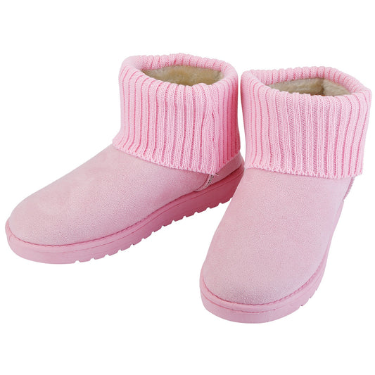 Women Lady Snow Boots Suede Mid-Calf Boot Shoe Short Plush Warm Lining Shoes w/ Anti-slip Rubber Base Knitting Design - Pink - 7