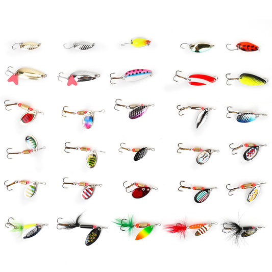 30Pcs Fishing Lures Kit Metal Spoon Lures Hard Spinner Baits w/ Single Triple Hook for Trout Bass Salmon with Free Tackle Box - Multi -