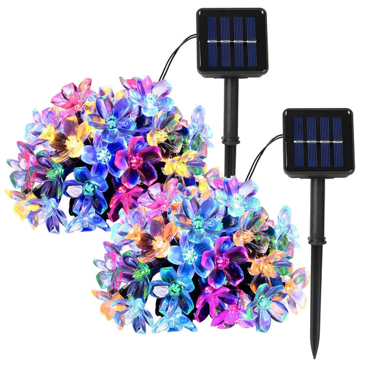 2Pcs Solar Powered String Lights 50LED Beads Fairy Sakura Flower Blossom Lights IP65 Waterproof Colorful Decorative Party Christmas Tree Lamps w/ 8 Li - Black -