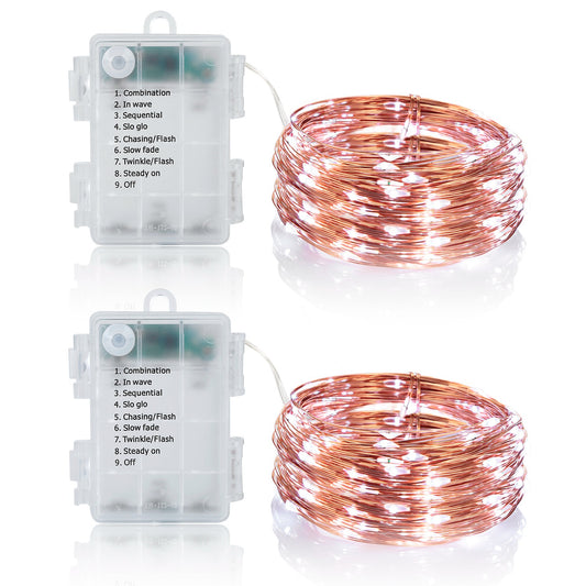 2Pcs LED String Lights 100LED Beads 32.8FT Copper Fairy Lights IP65 Waterproof Battery Operated Flash Lights with Remote Control For Wedding Party Jar