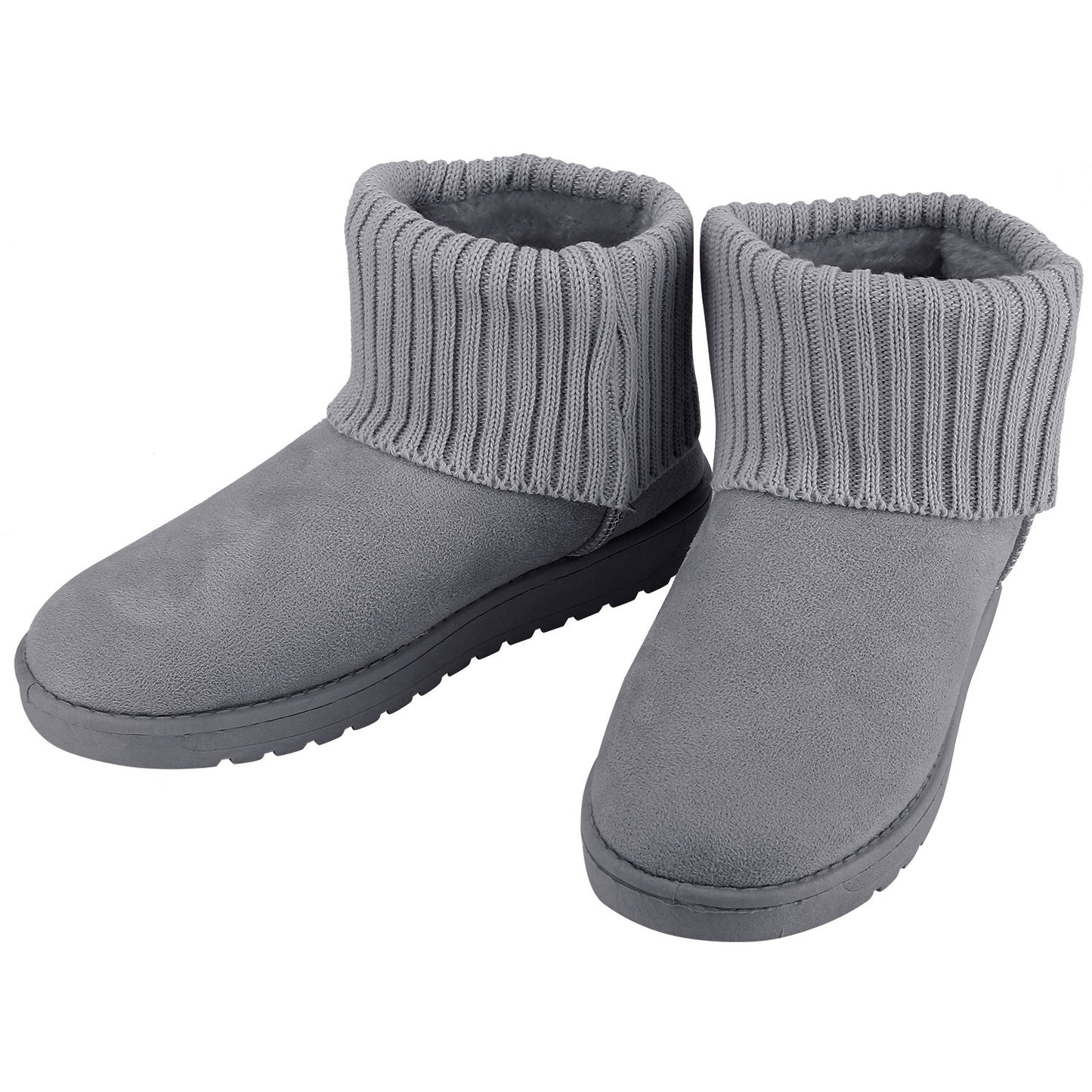 Women Lady Snow Boots Suede Mid-Calf Boot Shoe Short Plush Warm Lining Shoes w/ Anti-slip Rubber Base Knitting Design - Gray - 8