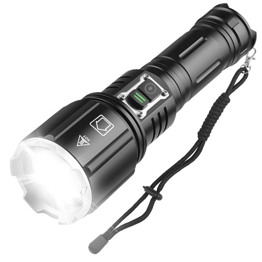100000LM Super Bright LED Flashlight Waterproof Rechargeable Zoomable Tactical Torch Light Emergency Power Bank Support 3 Battery Types - Black -