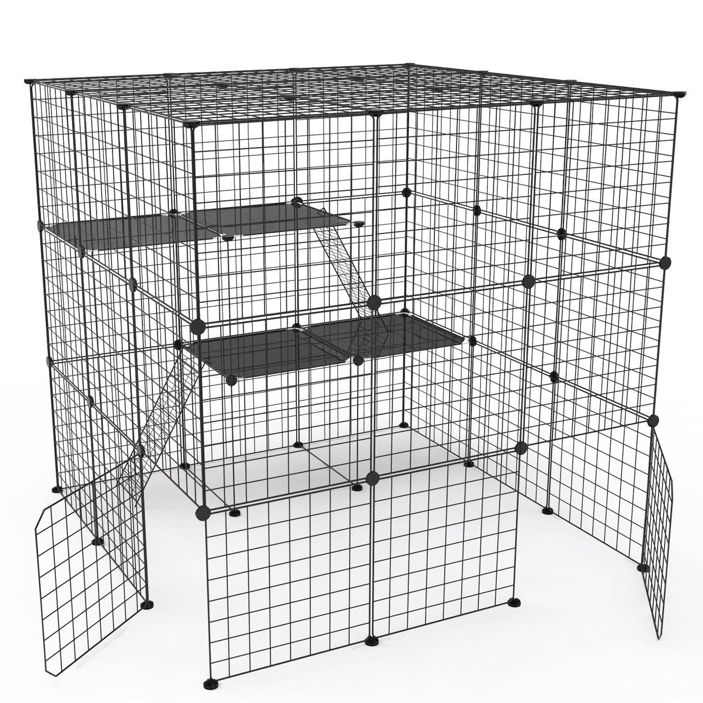 3 Tier Large Cat Cage Enclosure Indoor Cat Playpen Iron Construction Cat House Detachable Cat Crate With 2 Ladders Doors For 1-4 Cats 41.73”L x 41.73” - Black -