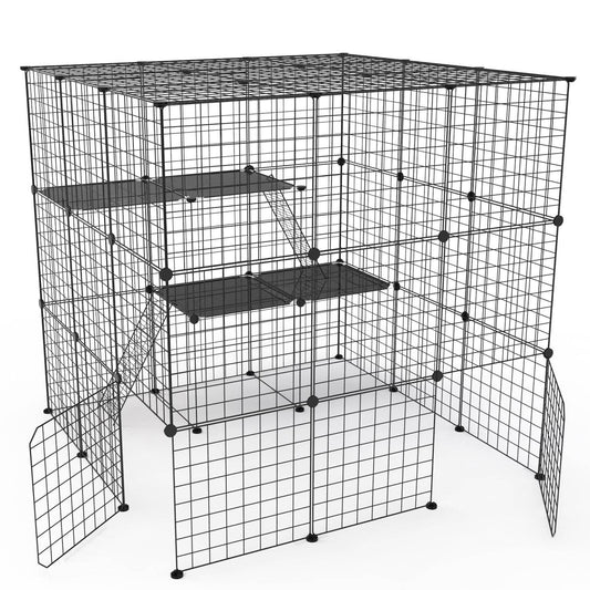 3 Tier Large Cat Cage Enclosure Indoor Cat Playpen Iron Construction Cat House Detachable Cat Crate With 2 Ladders Doors For 1-4 Cats 41.73”L x 41.73” - Black -